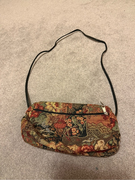 Handbags - Tapestry Floral Crossbody Bag - Black Strap